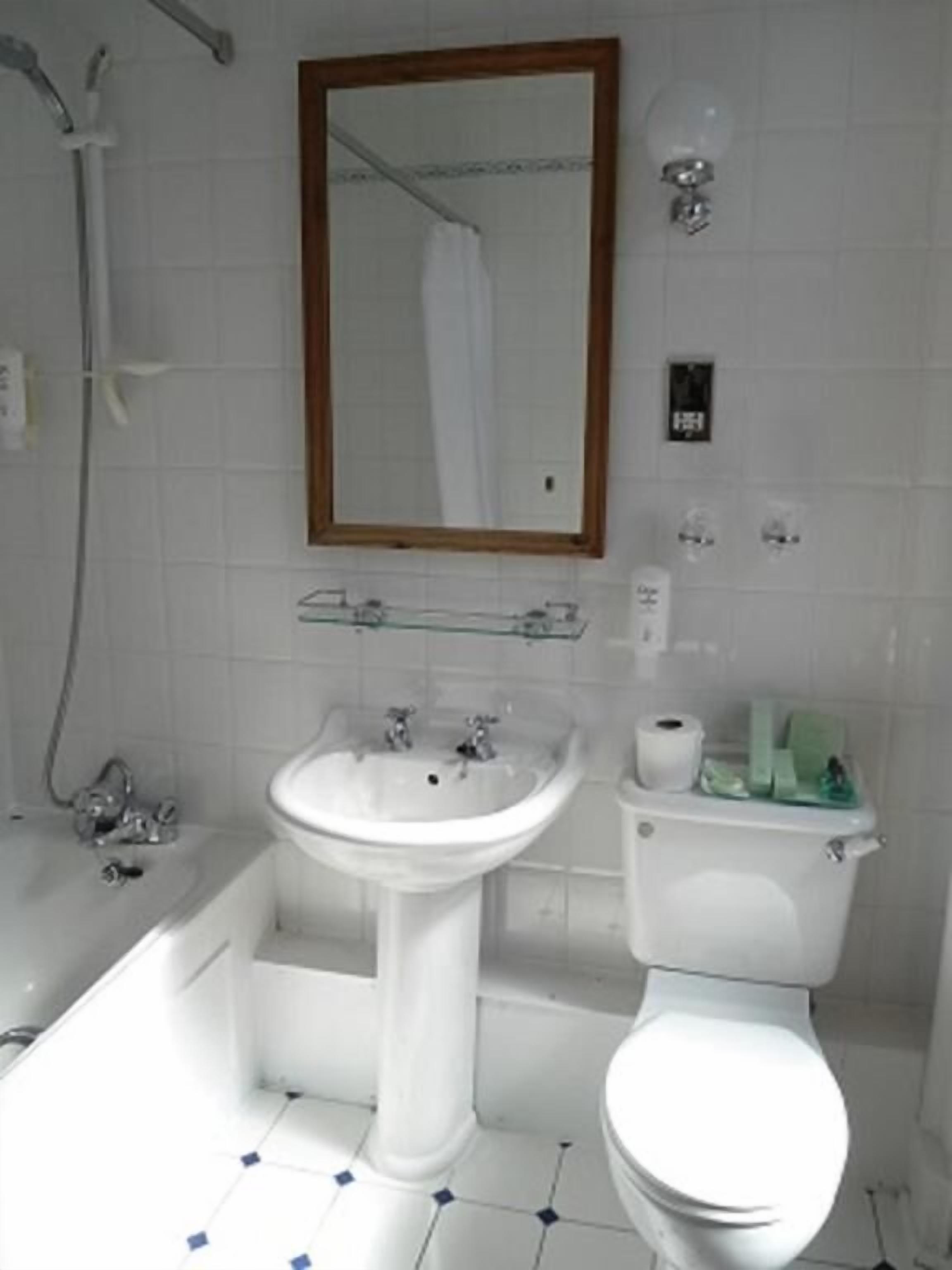 A bathroom with a sink, toilet, and shower.
