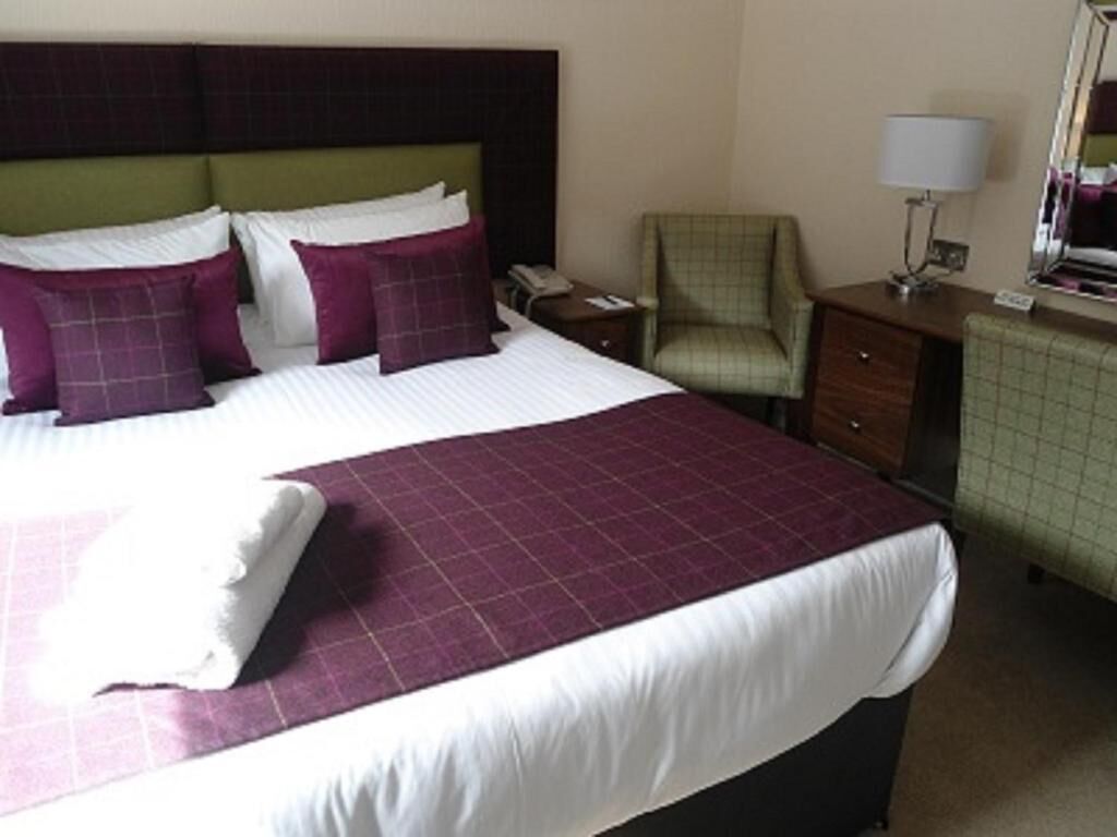 Habitación de hotel con una cama grande, una silla, una mesita de noche, una lámpara y un espejo.