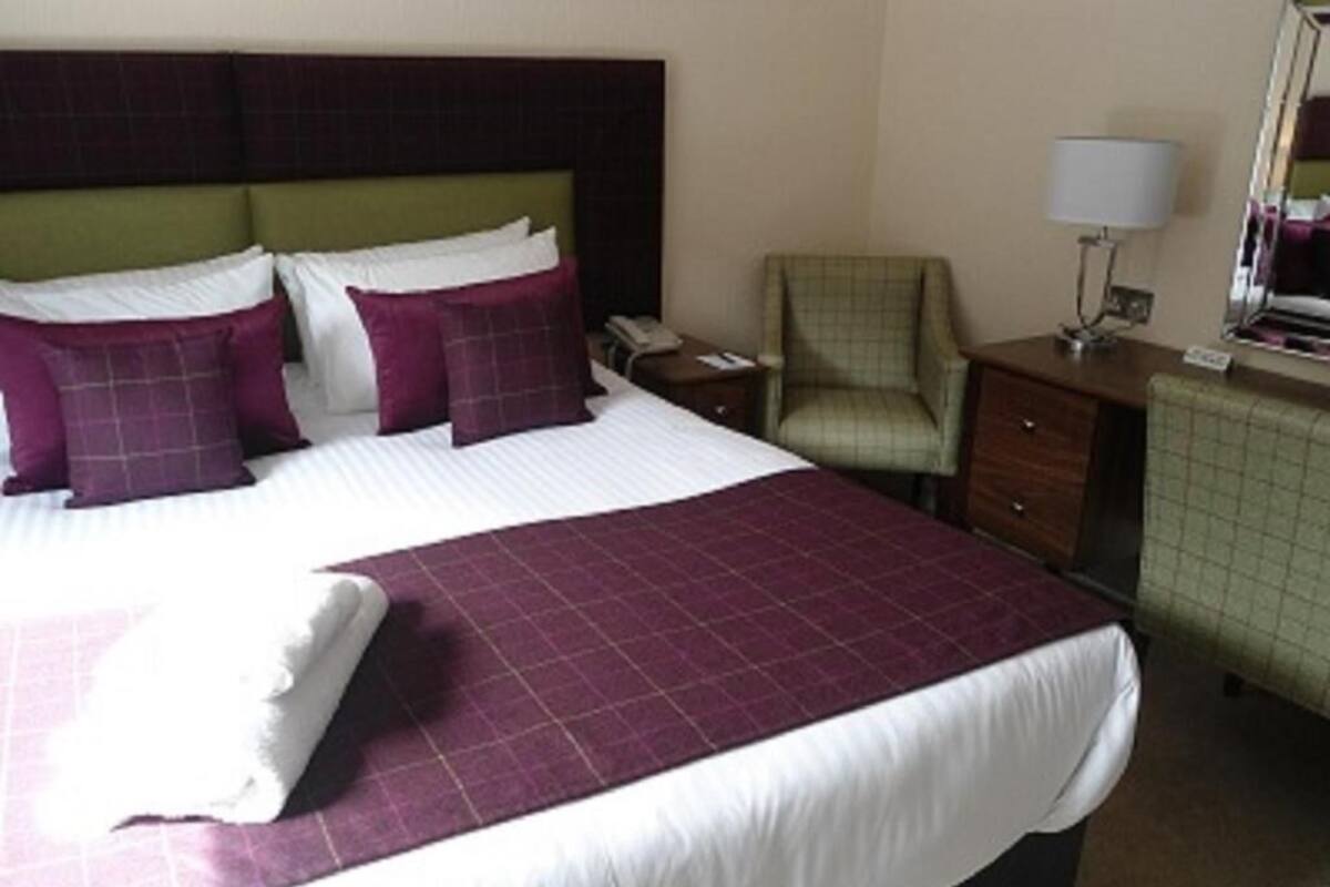Una camera d'albergo con un letto grande, una sedia, un comodino, una lampada e uno specchio.