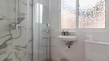 Shower, hair dryer, towels
