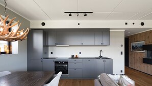 A modern kitchen with grey cabinets, a built-in oven, and a dining area with a wooden table and chairs. - New (2023) apartment with very central location. (Hol)