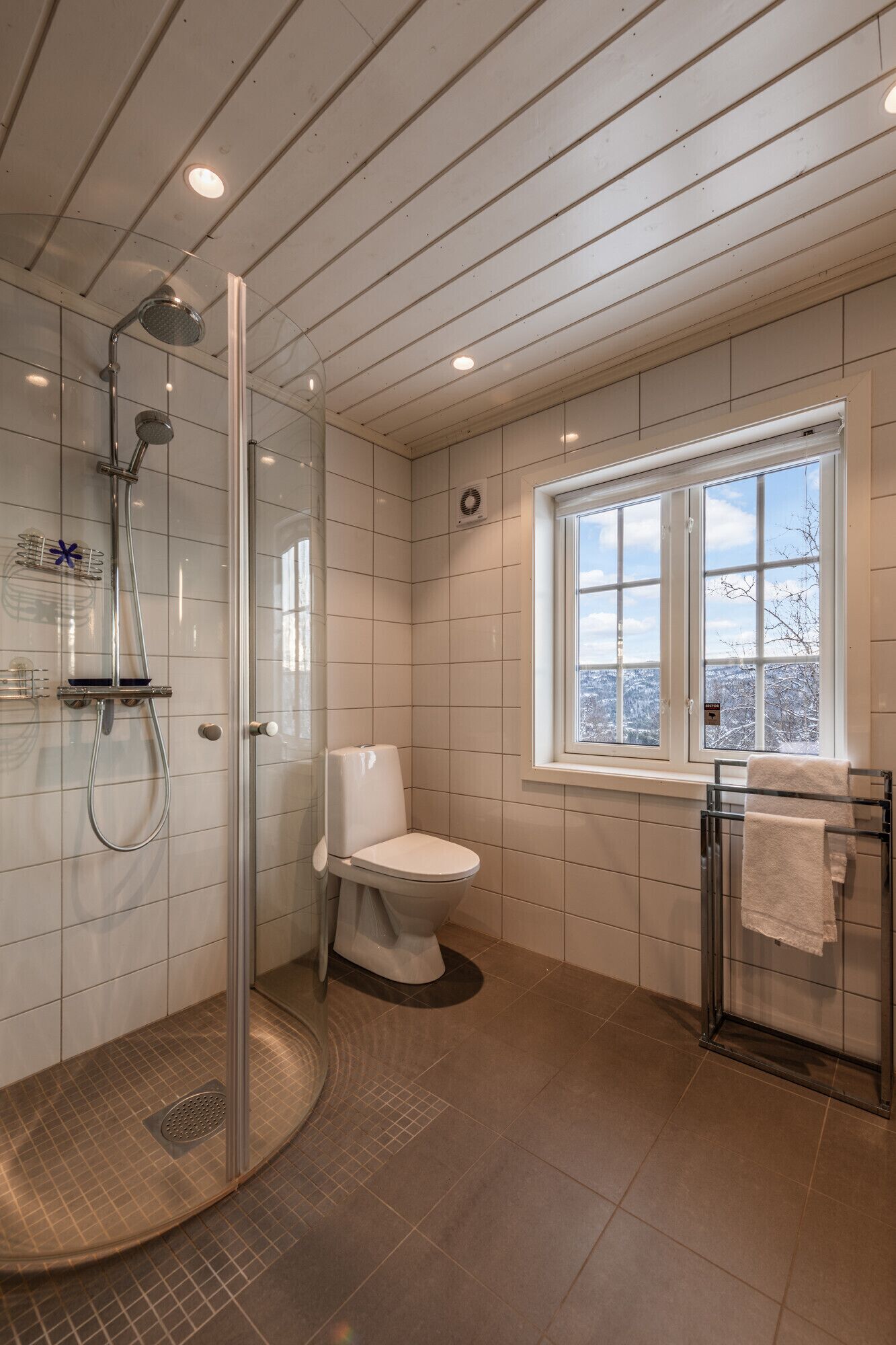 Une salle de bain moderne avec une douche à parois de verre, des toilettes et une fenêtre donnant sur un beau paysage.