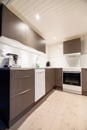 A modern kitchen with wooden cabinets, a built-in oven, and a dishwasher.