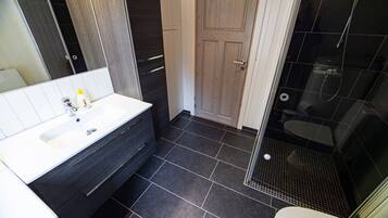 Shower, hair dryer, towels