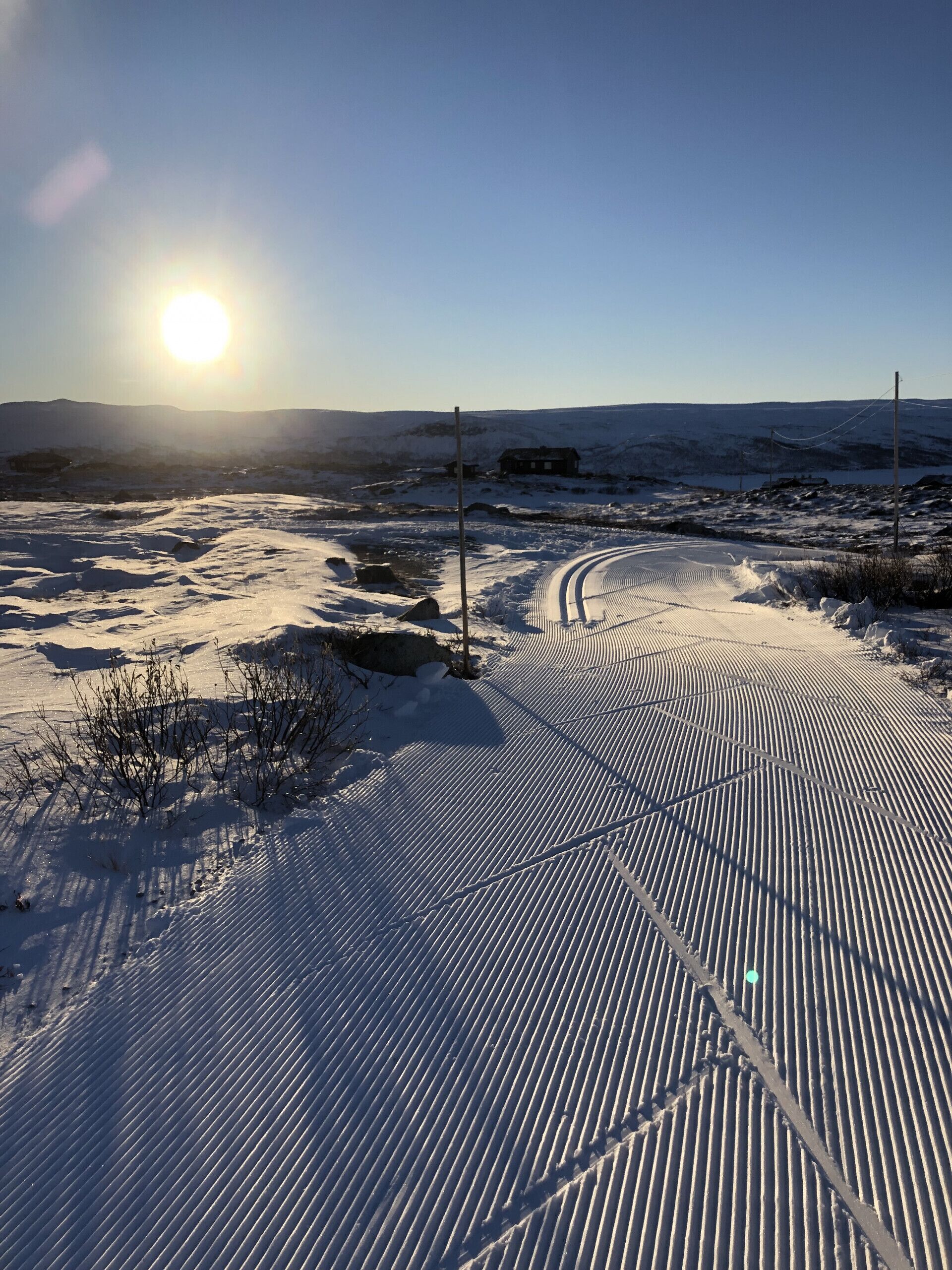 Un paysage enneigé, avec un ciel dégagé et le soleil bas à l’horizon.