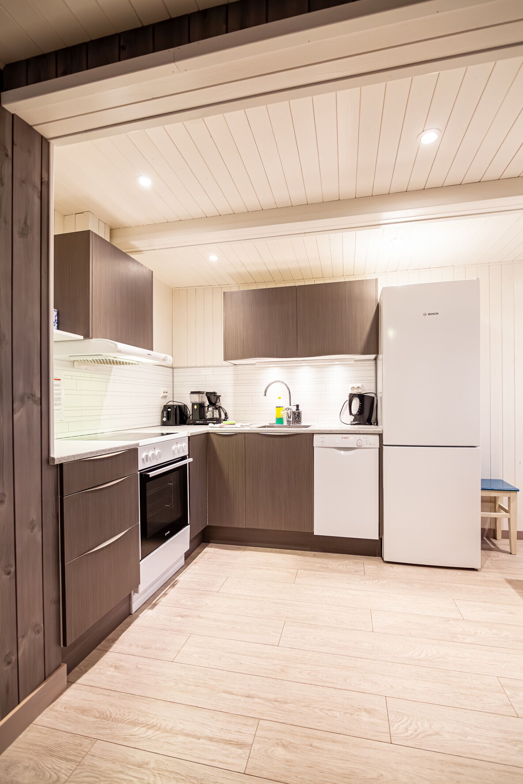 Fridge, oven, dishwasher, coffee/tea maker