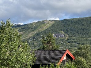 A mountainous landscape with a village and a red-roofed building in the foreground.