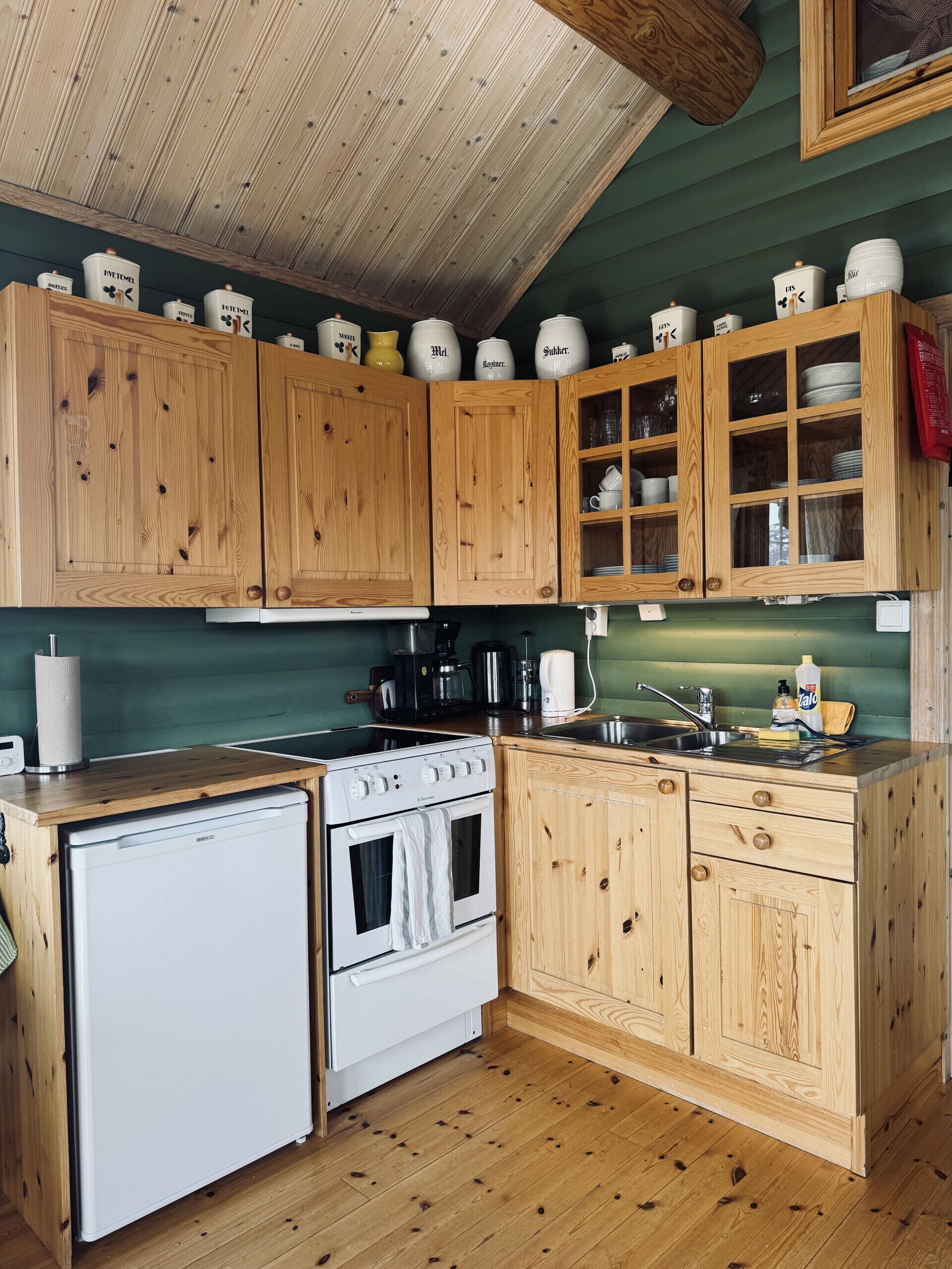 Fridge, oven, coffee/tea maker, electric kettle
