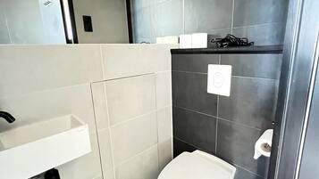A modern bathroom with a white sink, a toilet, and a shower area.