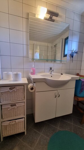 Une salle de bain avec un lavabo blanc, un miroir et des murs carrelés. On y trouve deux rouleaux de papier toilette, une bouteille rose et un récipient bleu sur le comptoir.