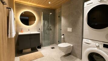 Shower, hair dryer, towels