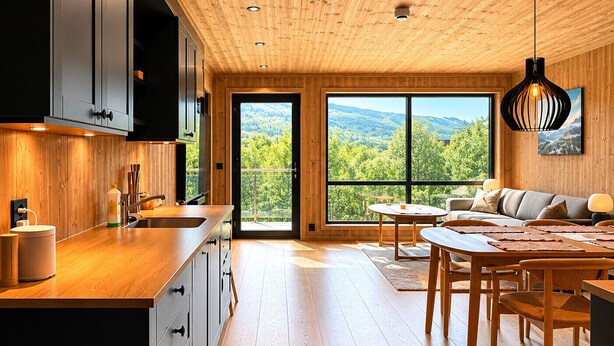 Une cuisine moderne avec des meubles en bois, un grand îlot central et un coin repas offrant une vue sur les montagnes.