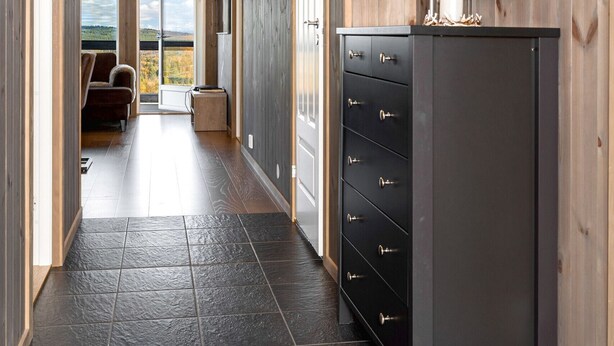 A hallway with wooden walls, a tiled floor, a black cabinet with drawers, and a door leading to a balcony with a view.