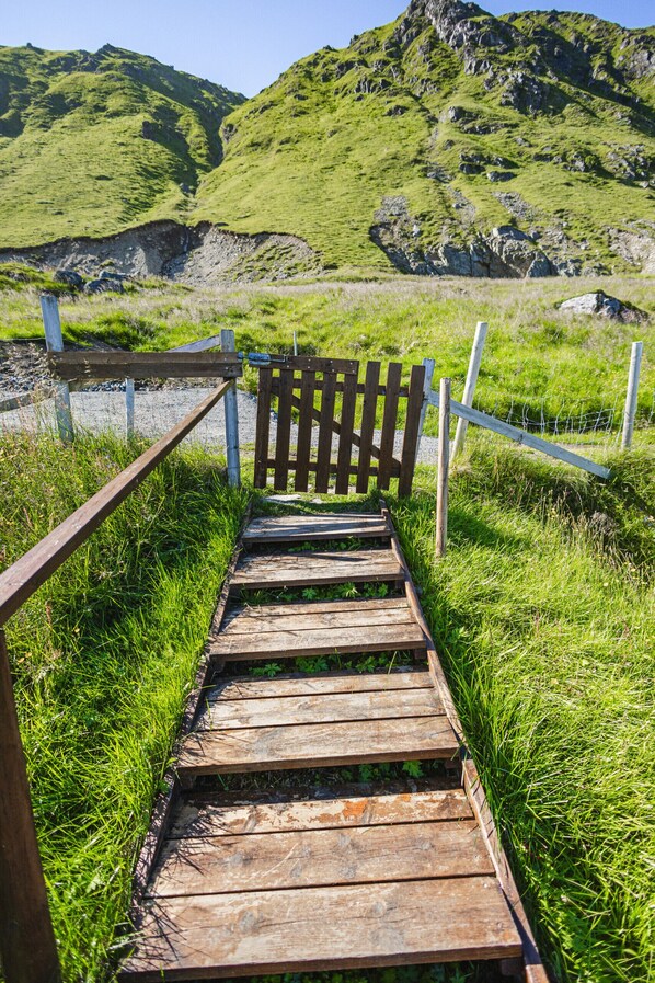 A wooden staircase leading to a gate, surrounded by grass and a rocky hillside.