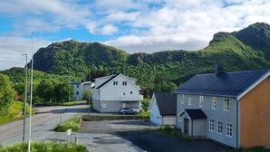 A residential area with houses, a road, and a mountain backdrop.