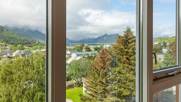 A view through a window of a residential area with houses, trees, and mountains in the background.