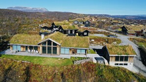 Una casa moderna con tetto verde, un ponte in legno e vista su un paesaggio montuoso.