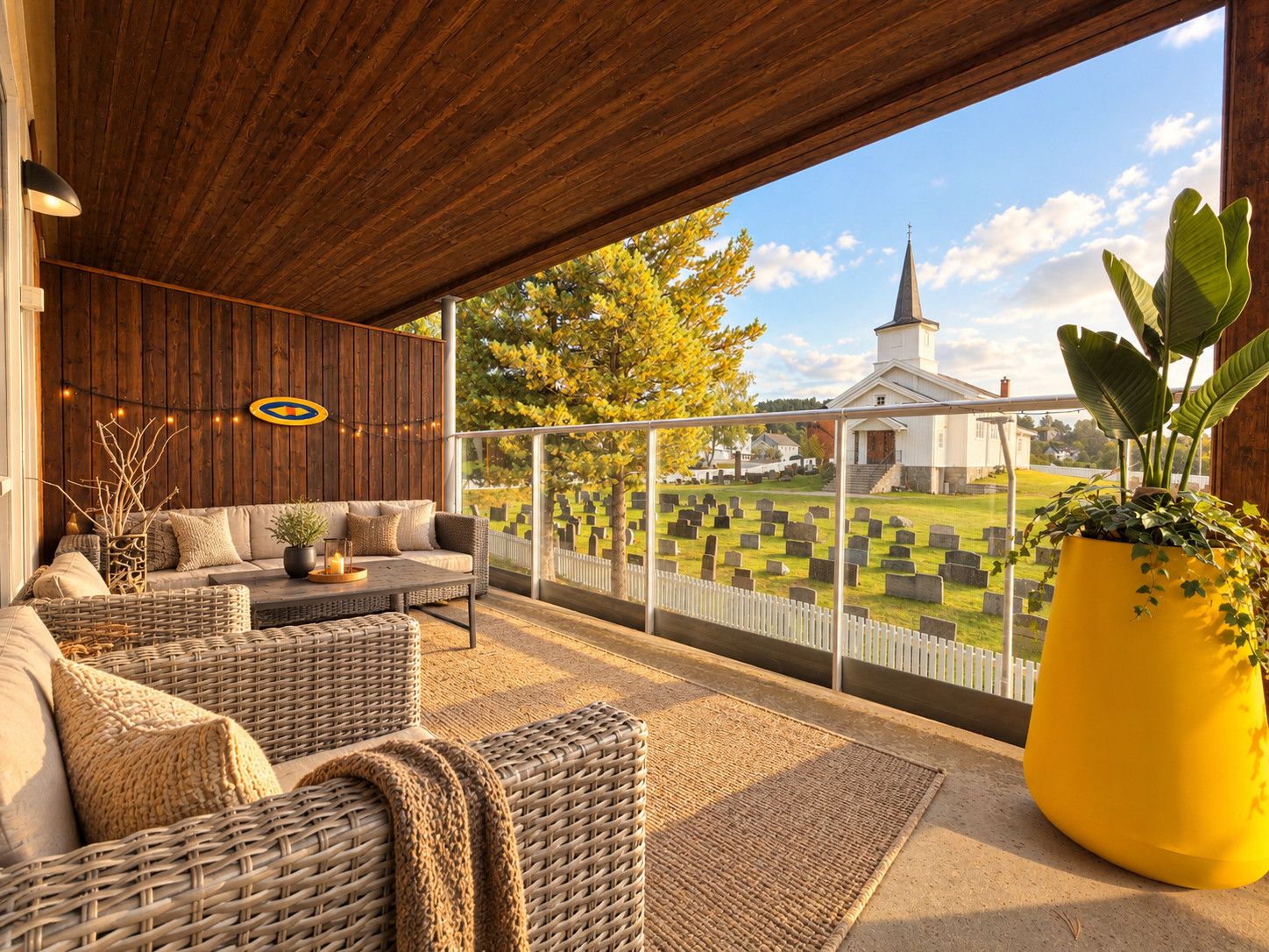 Een overdekt terras met rieten meubilair, een gele plantenbak en een uitzicht op een begraafplaats met een kerk op de achtergrond.