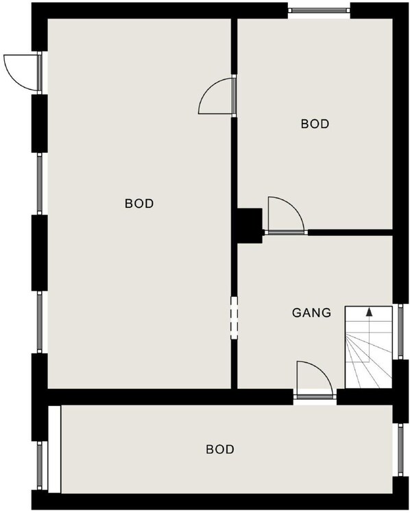 A floor plan with three bedrooms (BOD), one bathroom (BOD), and one guest room (GANG).