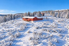A red cabin surrounded by snow-covered trees and a clear blue sky.