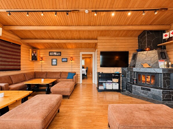 A cozy cabin interior with a stone fireplace, wooden walls, a sofa, and a television.