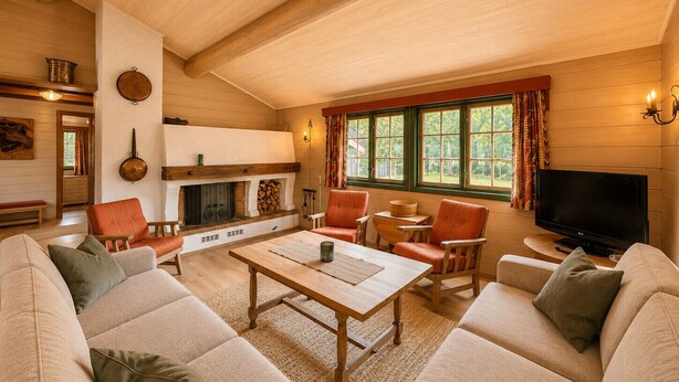 A cozy living room with a fireplace, wooden furniture, and a television. - Briskebu, cosy cabin by ski slopes (Hol)