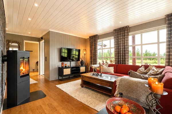 Cozy living room with fireplace and plenty of natural light