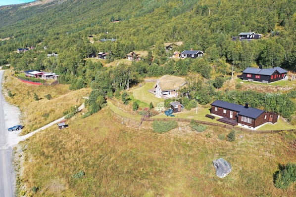 A cluster of houses on a hillside with a road on the left.