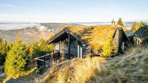Une cabane en bois, dotée d’un toit en pente, entourée d’arbres et située dans un paysage montagneux.
