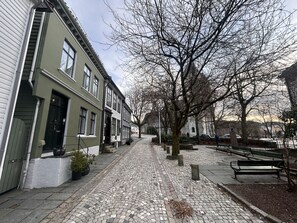Una calle empedrada flanqueada por edificios históricos, bancos y árboles.