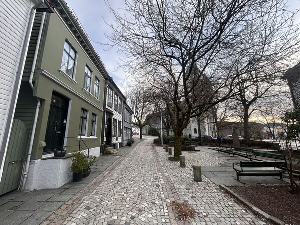 Une rue pavée bordée de bâtiments historiques, de bancs et d’arbres.