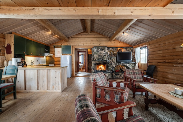A log cabin interior with a kitchen, dining area, fireplace, and seating.