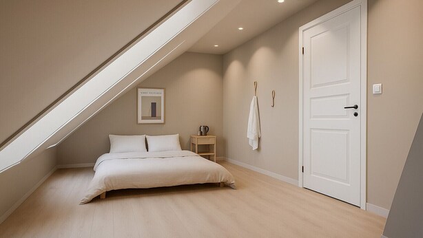 Una camera da letto con soffitto spiovente, un letto, un comodino, una porta e un quadro appeso al muro.