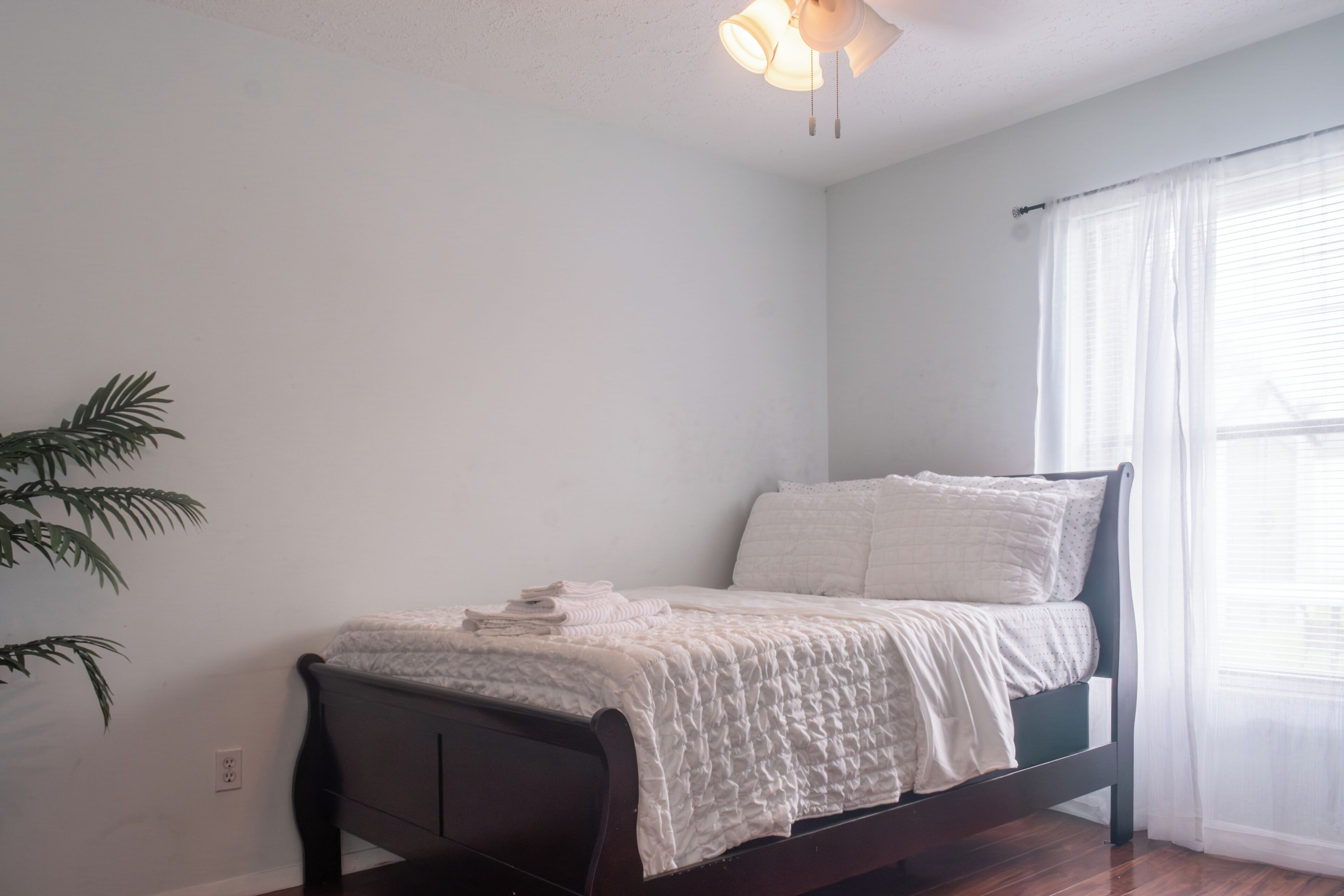 A single bed with a white quilt, a ceiling fan, a window with sheer curtains, and a potted plant.