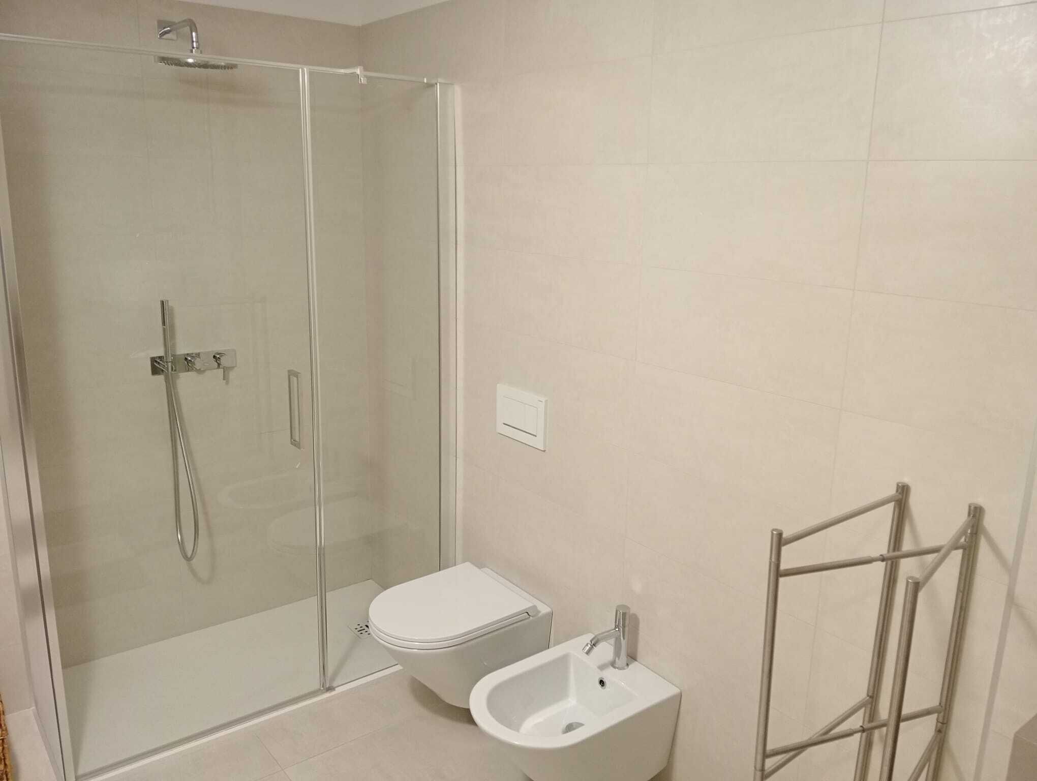 Shower, hair dryer, bidet, towels