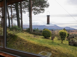 A view from a window overlooking a grassy landscape with trees, a bird feeder, and a mountain in the distance.