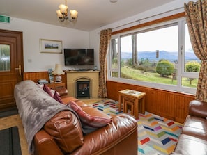 A living room with a sofa, television, fireplace, and a view of the outdoors.