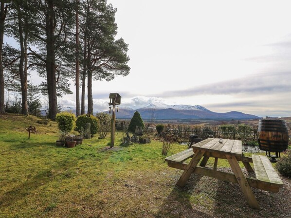 A picnic table in a grassy area with trees and a view of mountains.