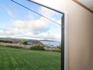 A view from a window with a clear sky, a grassy yard, and a distant building by the water.