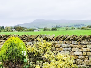 A stone wall with a hedge and a small tree in the foreground, a stone building in the background, and a green field with distant hills.