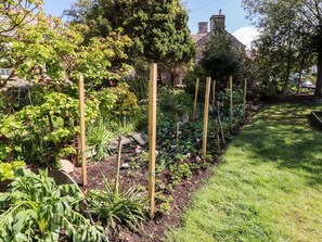 A garden with raised beds, a wooden fence, and a house in the background.