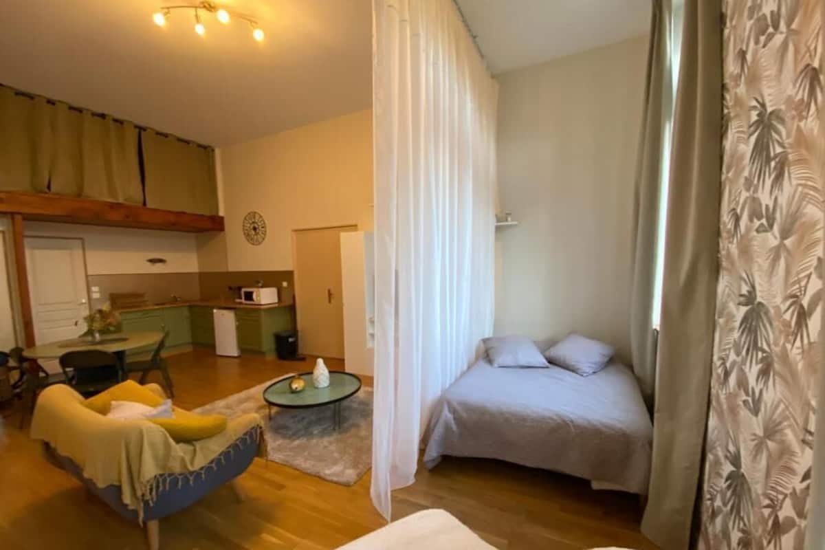 A room with a bed, a sofa, a dining table, and a kitchen area.