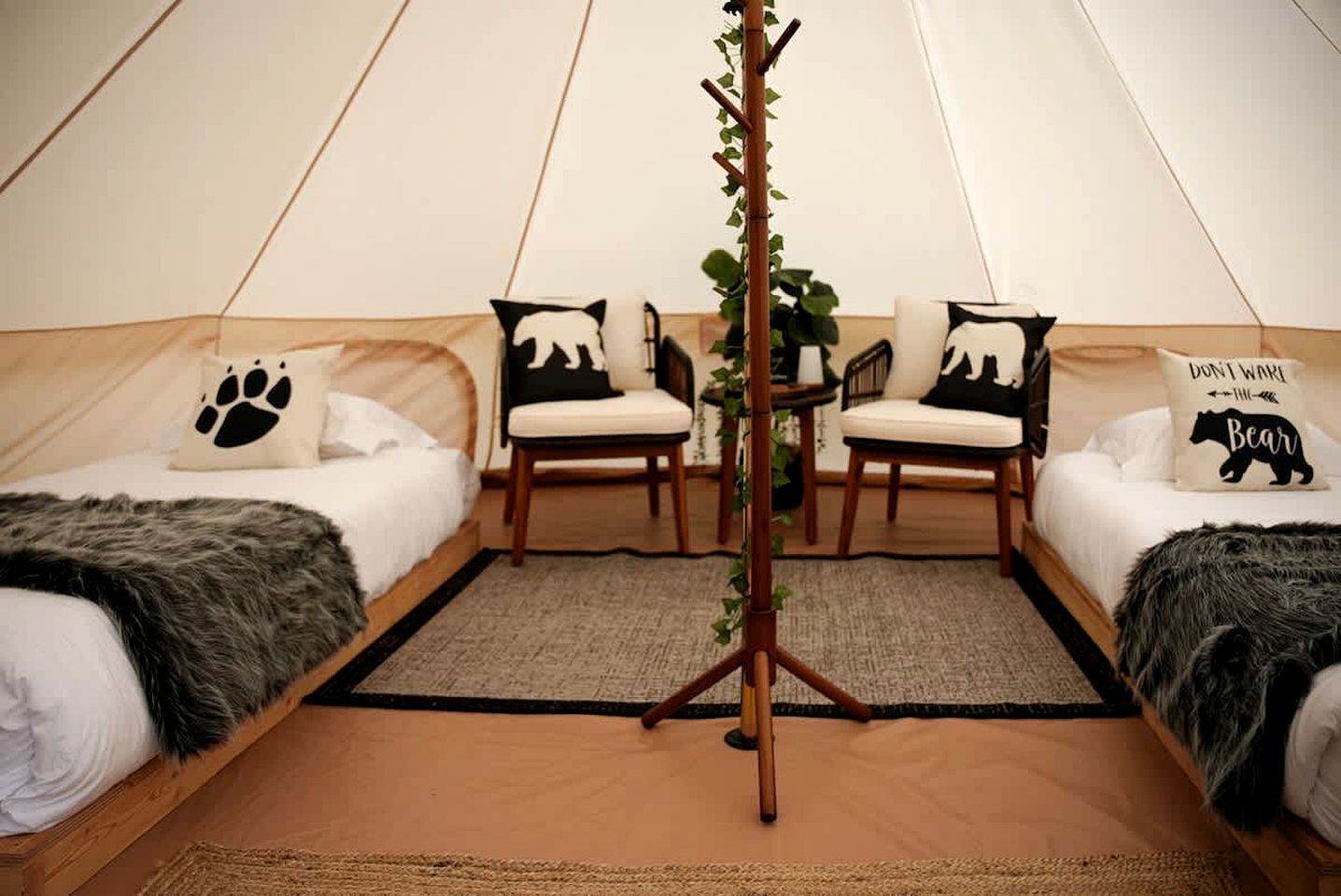 A cozy tented room with two beds, each with a black and white bear-themed pillow, a wooden chair, and a small table with a plant.