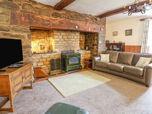 Ein Kamin aus Stein, ein Fernseher, ein Sofa und ein Holzschrank in einem Wohnzimmer.