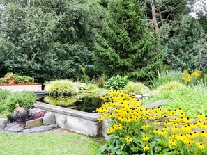 Un jardín con un estanque, diversas plantas y un pequeño puente.