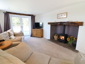 Ein Wohnzimmer mit Sofa, Fernseher, Kamin und Blick durch eine Glastür.