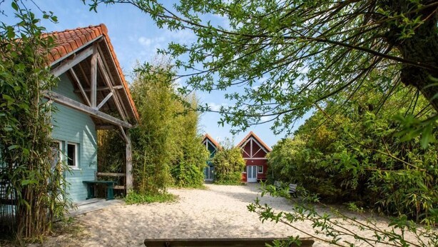 En sti af sand fører hen til en træbænk, omgivet af frodig vegetation og to traditionelle huse med røde tage.