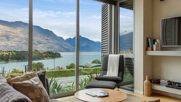 Smart TV, fireplace, books, offices