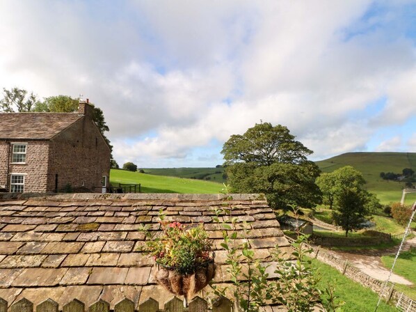 A stone house with a sloped roof, a garden with a variety of plants, and a rural landscape with hills and trees in the background.