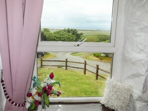 A window with a view of a rural landscape, a wooden fence, and a decorative vase with flowers.
